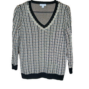 Charter Club Women M Embellished Sweater Houndstooth Black Tan Pearl Trim New